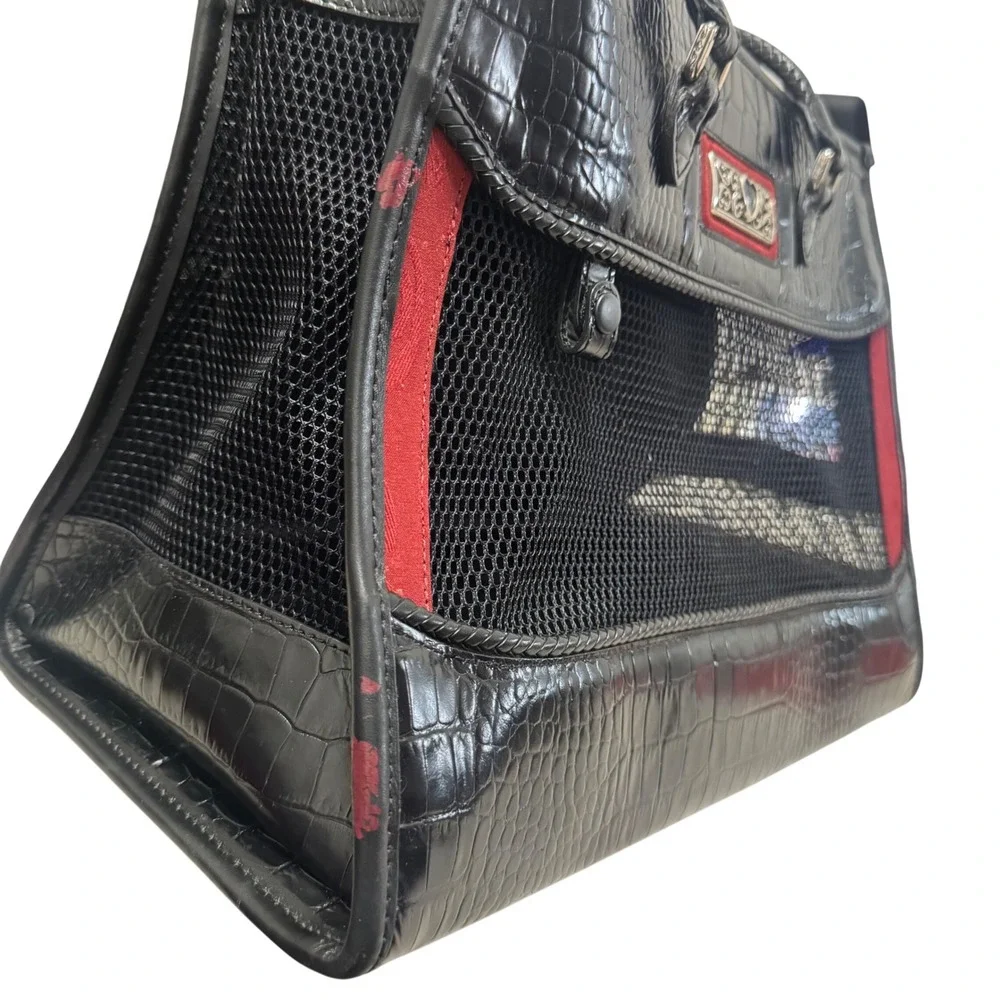 Brighton Small Pet Carrier Handbag OS Black Red Good Croc Leather Travel Bag‎